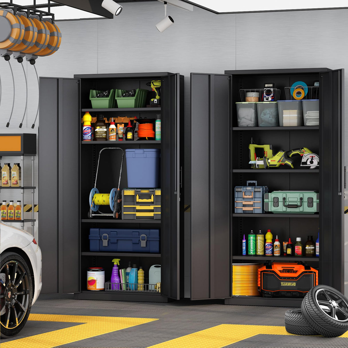 Metal Storage Cabinets, 71'' Tall Metal Garage Storage Cabinets with Lock,Sturdy Metal Cabinet Storage with 4 Adjustable Shelves and Doors, BLack Steel Cabinet for Garage,Offices,Basement,Storerooms Leariso