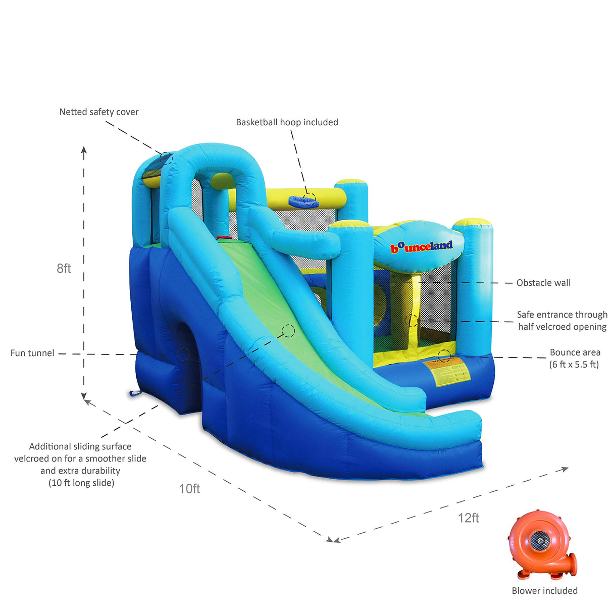 Bounceland Ultimate Combo Inflatable Bounce House, 12 ft L x 10 ft W x 8 ft H, Basketball Hoop, Obstacle Wall, Fun Tunnel, Slide and Bounce Area for Kids Bounceland