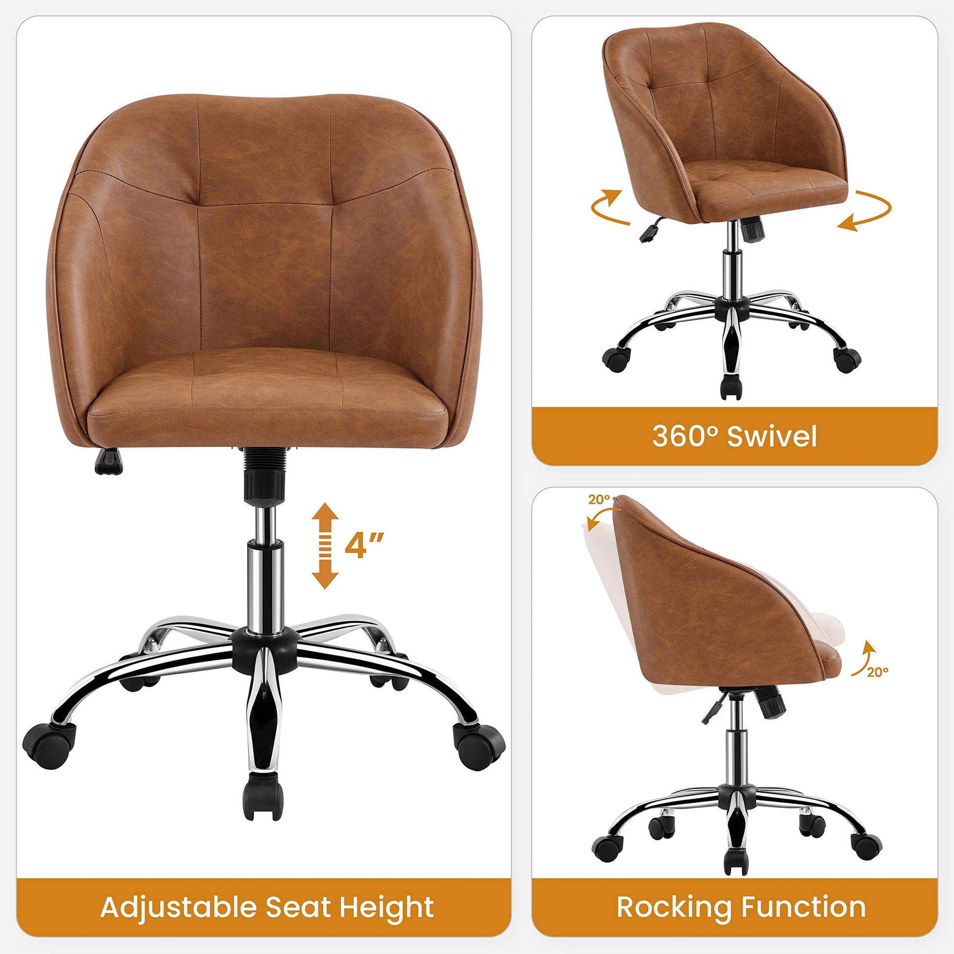 Yaheetech Faux Leather Desk Chair, Makeup Vanity Chair with Adjustable Tilt Angle, Swivel Office Chair Upholstered Armchair Study Chair for Bedroom and Makeup Room Retro Brown - WoodArtSupply