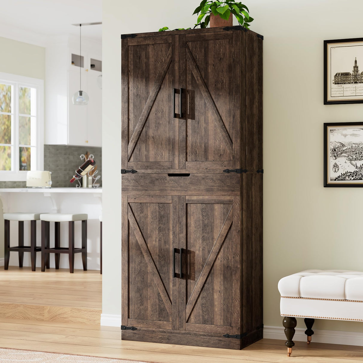 GRUSIGN 72" Tall Storage Cabinet, Kitchen Pantry Cabinet with Adjustable Shelves & Sturdy Steel Frame, Farmhouse Pantry Storage with 4 Barn Doors for Kitchen, Dining Room, and Living Room, Dark Grey GRUSIGN