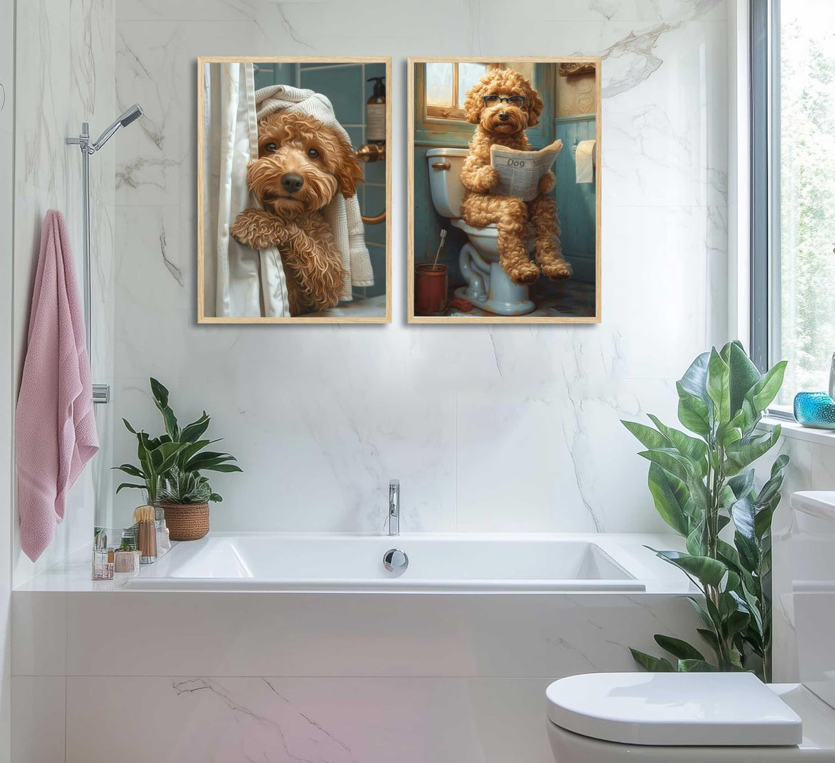 2Pcs Paint by Number Kit 16x20inch Adults Cute Curly Dog Bathroom Scenes DIY Painting Set with Pre - Numbered Canvas, Funny Puppy Art for Home Decor Gift Generic