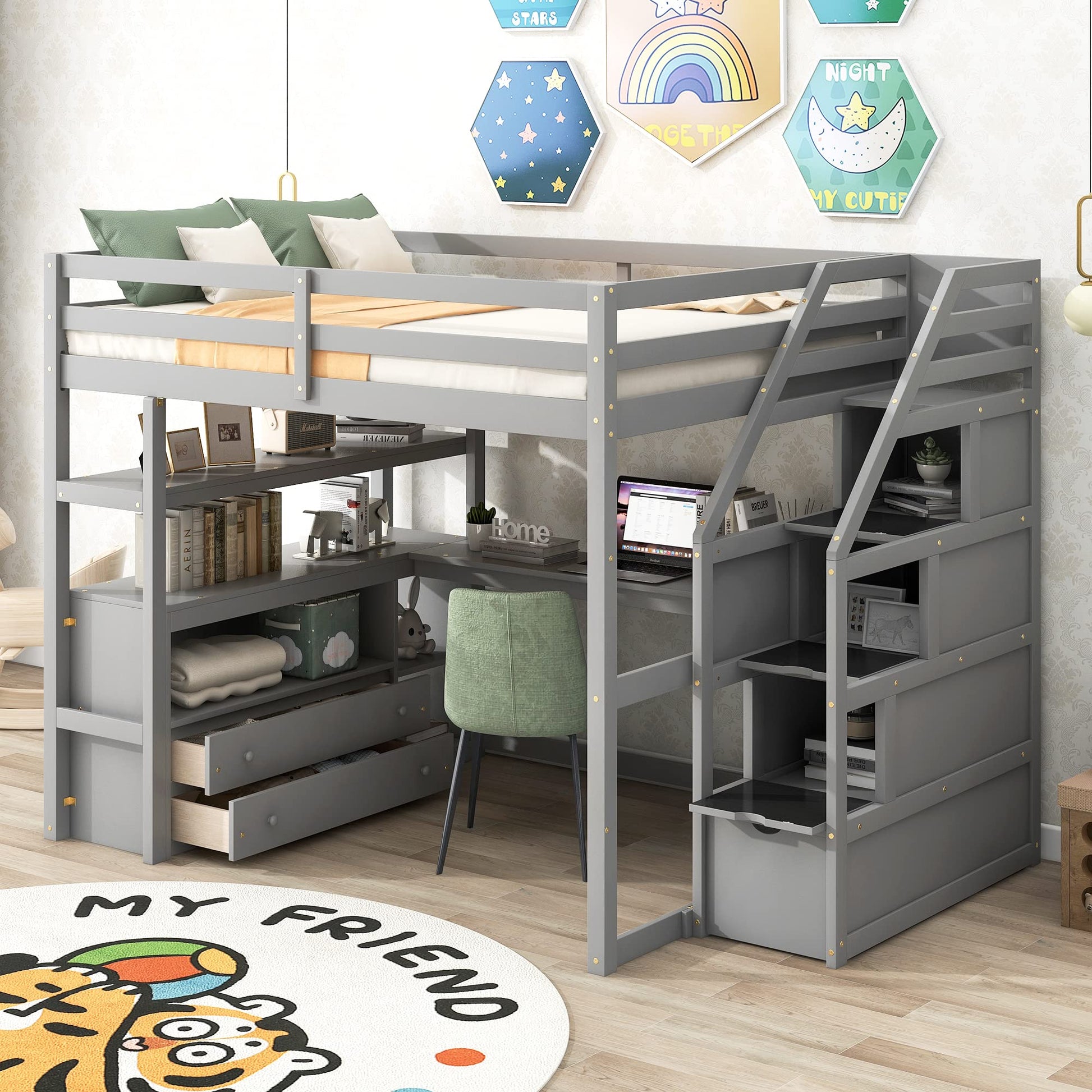 Grey Full Size Loft Bed with Stairs, Desk, Drawers, and Bookshelf by Harper & Bright Designs - WoodArtSupply