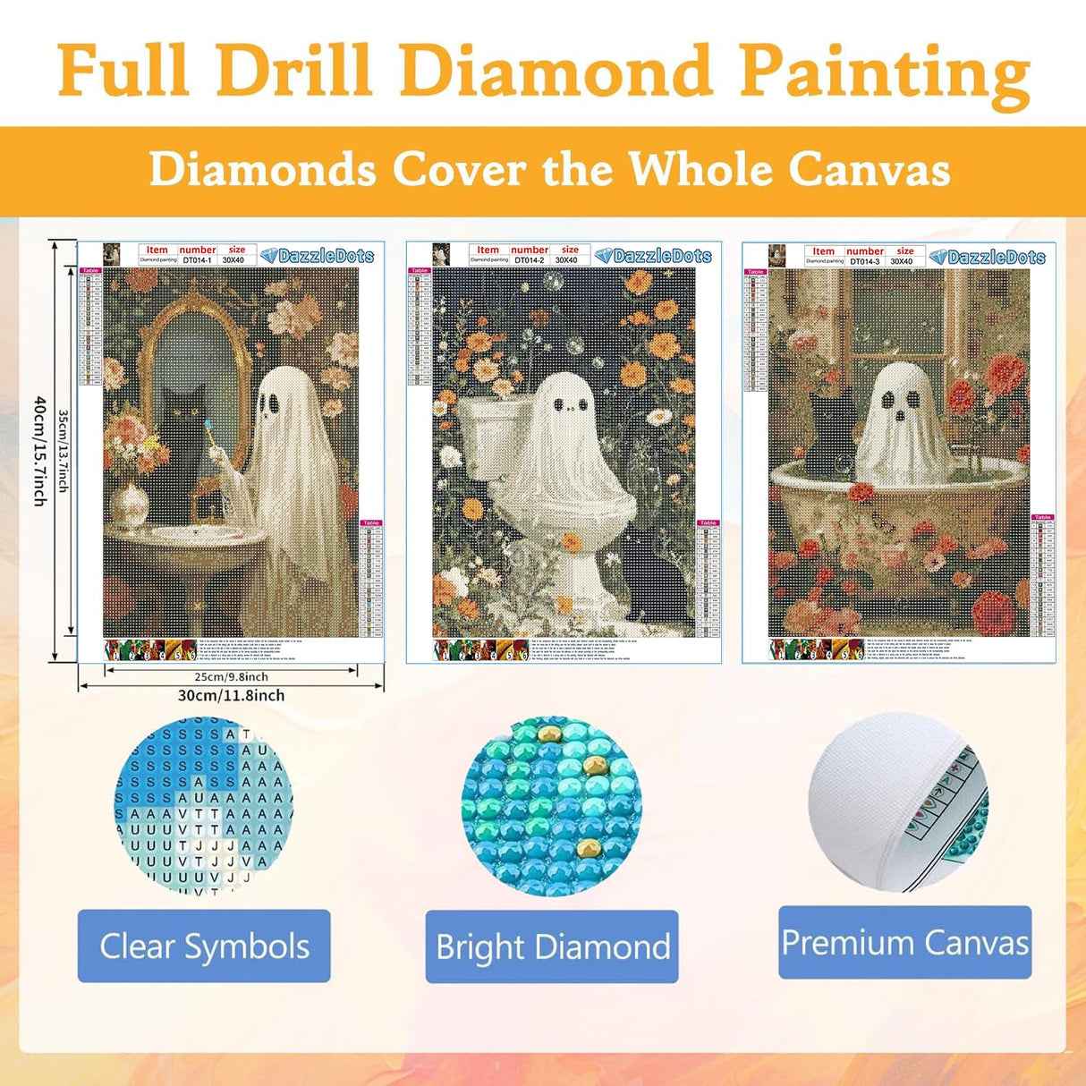 DAZZLEDOTS 3 Pack Halloween Diamond Art Kits for Adults, Halloween Diamond Painting kit for Adults Ghost Full Drill Round Gem Art 5D Diamond Dots for Home Wall Decor Gifts 12x16inch DAZZLEDOTS