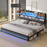 Dnxao King Bed Frame with Upholstered Headboard, Bed Frame King Size with Hidden Storage,3-Tier Storage Shelves, LED Lights and Charging Station, King Bed with Noise-Free, No Box Spring Needed, Gray Dnxao