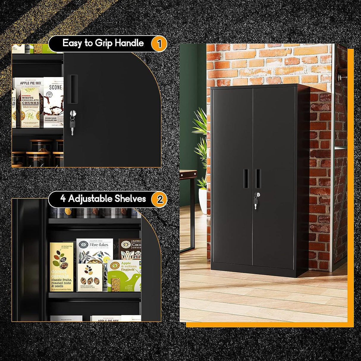 Greenvelly Metal Garage Storage Cabinet with Locking Doors, Black 72" Steel Storage Cabinet, Lockable Metal File Cabinet with Adjustable Shelves for Home Office, Garage, School Greenvelly