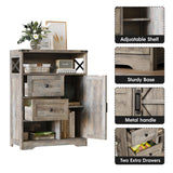 Fameill Farmhouse Storage Cabinet with 2 Drawers&Shelves,Freestanding Storage Cabinet with Doors&Open Storage,Floor Storage Cabinet for Living Room,Bathroom,Kitchen,Laundry,Grey Fameill