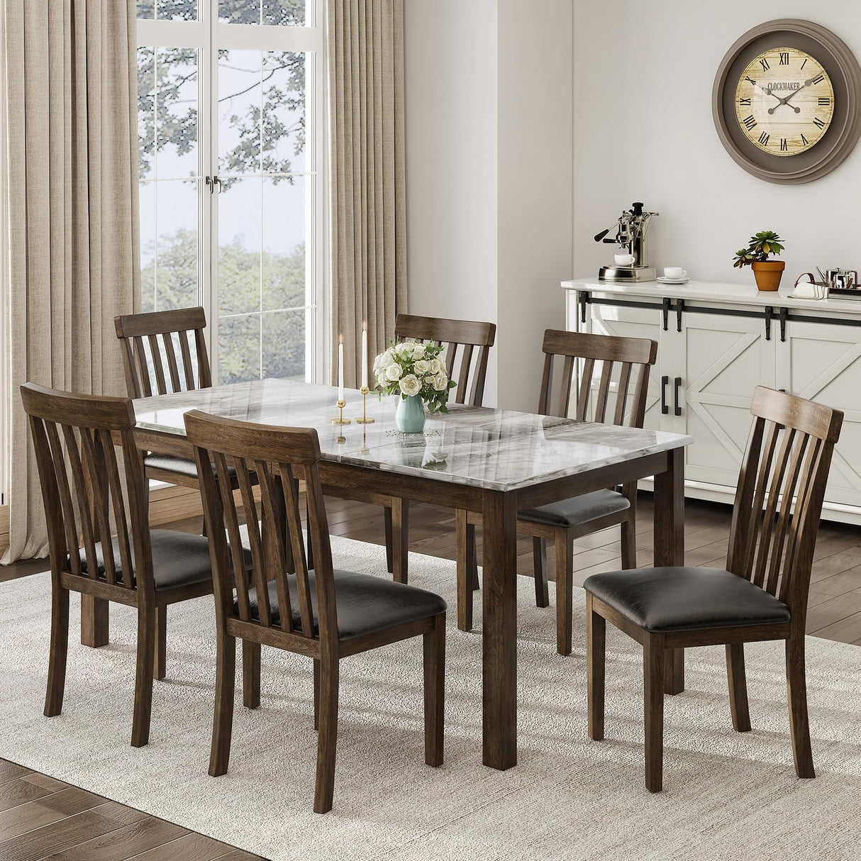LUXOAK 7-Piece Dining Table Set, 71" Faux Marble Kitchen Table with 6 Chairs, Solid Wood Curved Backrests & PU Cushioned Seats, Kitchen Table Chairs Set for Living Room, Dining Room LUXOAK