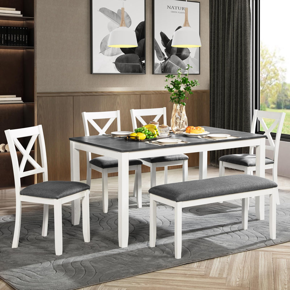 Harper & Bright Designs 6-Piece Dining Set with Bench, Kitchen Table Set with Wood Table, Upholstered Bench and 4 Cross Back Dining Chairs, White+Gray Harper & Bright Designs