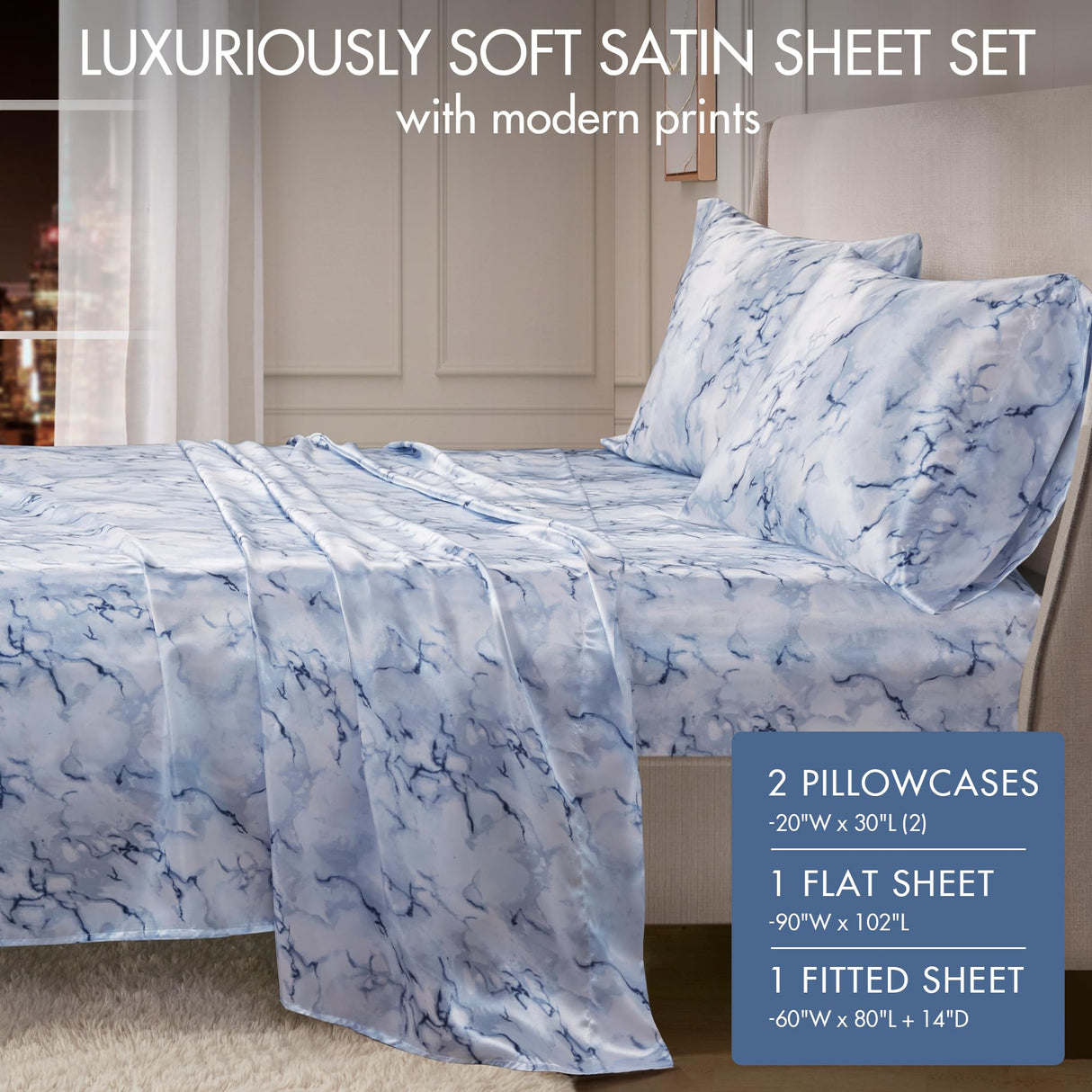 Madison Park Essentials Satin Sheet Set Luxuriously Smooth on Hair & Skin, Lustrous, Silky Bedding, All Seasons Sheets, Elastic Deep Pocket Sheet Fits Up to 16" Mattress, Queen Blue Marble 4 Piece Madison Park