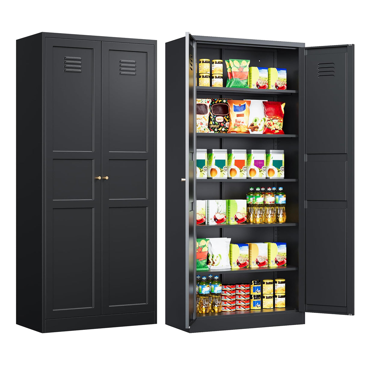 Metal Storage Cabinet with Doors and Shelves,Metal Pantry Cabinet,Black Craft Storage Cabinet,Ventilated Pantry Storage Cabinet,Large Tall Closet Cupboard for Home,Kitchen,Dining/Living/Laundry Room SISESOL