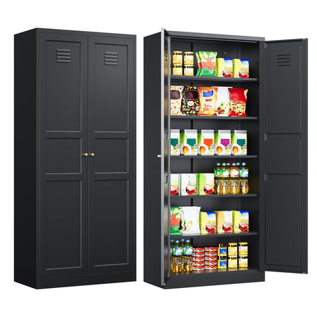 Metal Storage Cabinet with Doors and Shelves,Metal Pantry Cabinet,Black Craft Storage Cabinet,Ventilated Pantry Storage Cabinet,Large Tall Closet Cupboard for Home,Kitchen,Dining/Living/Laundry Room SISESOL