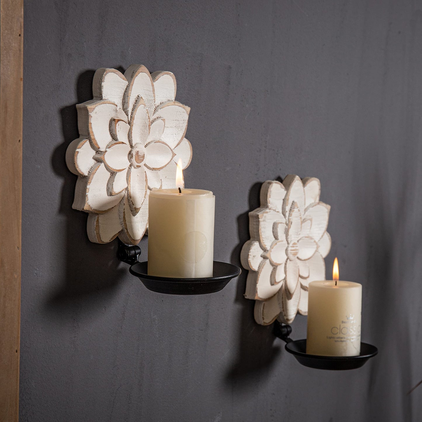 Candle Wall Sconces Set of Two Farmhouse, Handcarved Wall Candle Holders Decorative, Flower Pattern Wall Candle Sconce Wood, Distressed Finish Rustic Candle Holder Wall Decor for Living Room, - WoodArtSupply