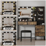 Makeup Vanity with Lights in 3 Colors, Vanity Table with Charging Station of 2 USB Ports and Outlets, Vanity Desk with Large Mirror, Drawers and Shelves, Rustic Brown and Black Knowfunn