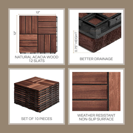 THYOI Deck Tiles, Patio Flooring - Outdoor Waterproof Acacia Wood Tiles for All Weather Use - Balcony, Backyard, Indoor & Outdoor (Dark Brown Crossed Pattern, 10 Pcs - 10 Square Ft) THYOI