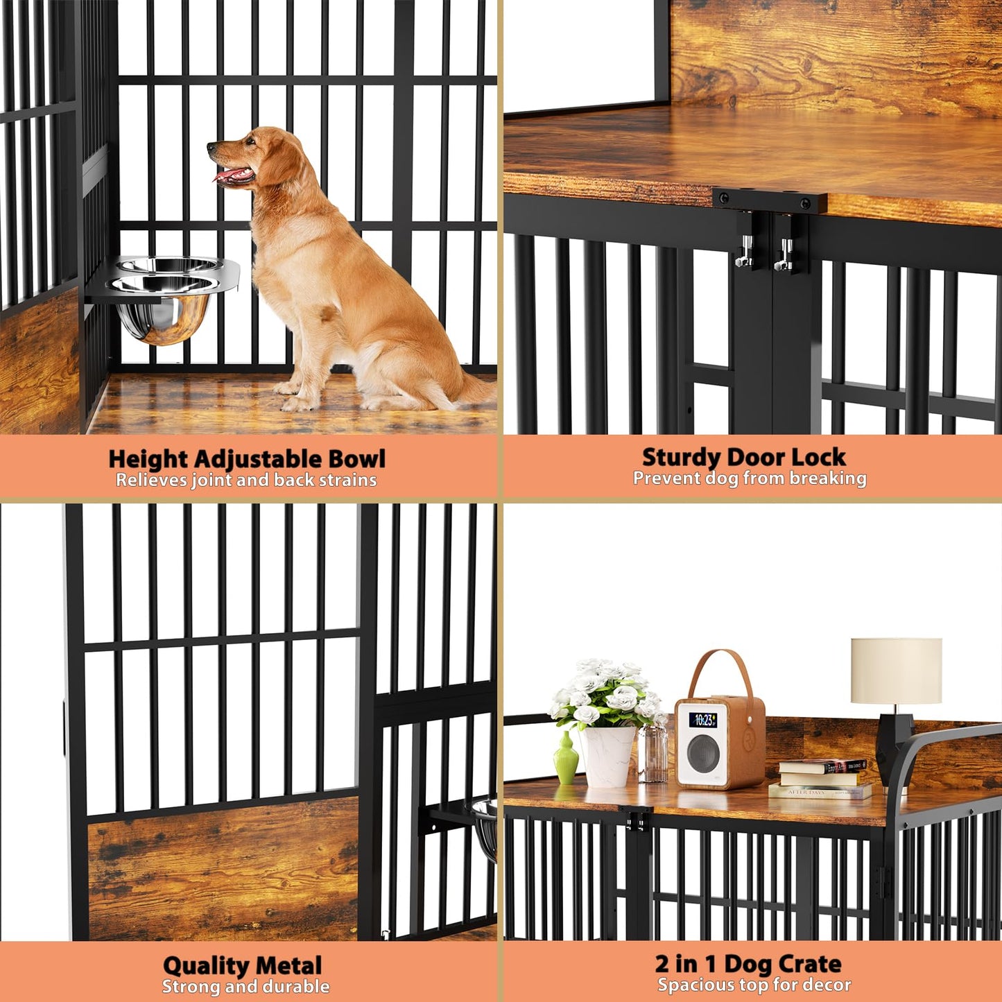 BEURUKU 48 Inch Large Dog Crate Furniture, Dog Kennel Indoor Large Breed with 2 Bowls 360° Adjustable, Dog Cage Table XXL Dog Crates for Large Medium Dogs, 48" L X 30" W X 45" H, Brown - WoodArtSupply