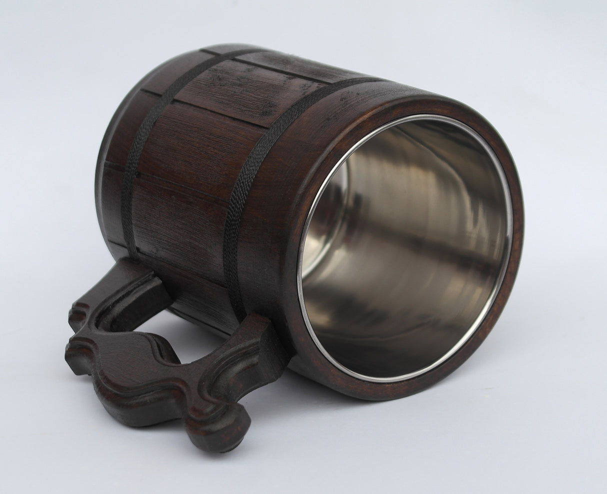 Etno Motif Handmade Wood Mug 20 oz Stainless Steel Cup Carved Natural Beer Stein Old-Fashioned Brown - Wood Carving Beer Mug of Wood Wooden Beer Tankard Capacity: 20oz (600ml) - Great Gift Idea Etno Motif