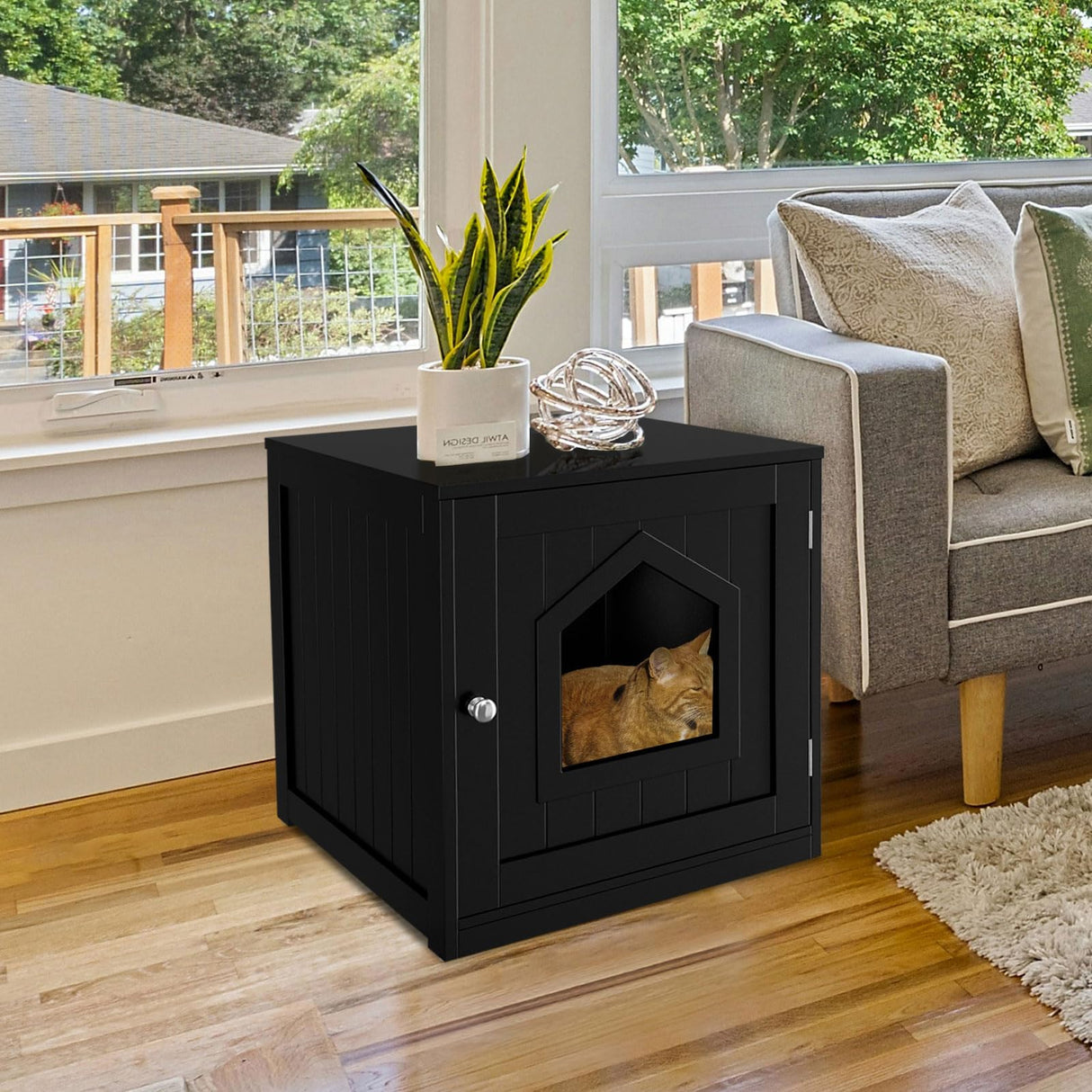 ZENY Cat Litter Box Furniture Hidden, Enclosed Cat Litter Box with Vent Holes, Indoor Cat Box Cabinet, Wooden Cat Washroom, End Table, Nightstand (Black) ZENY