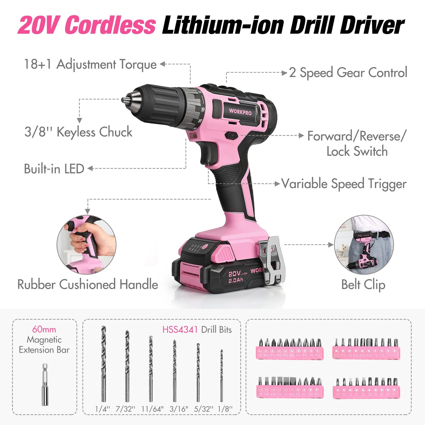 WORKPRO Pink Drill Set with UPGRADED Tool Bag, 157PCS Tool Kit For Home with 20V Cordless Drill Driver, Household Pink Tool Set including Screwdriver, Hammer, Tool Kit for Women and Men-Pink  - WoodArtSupply