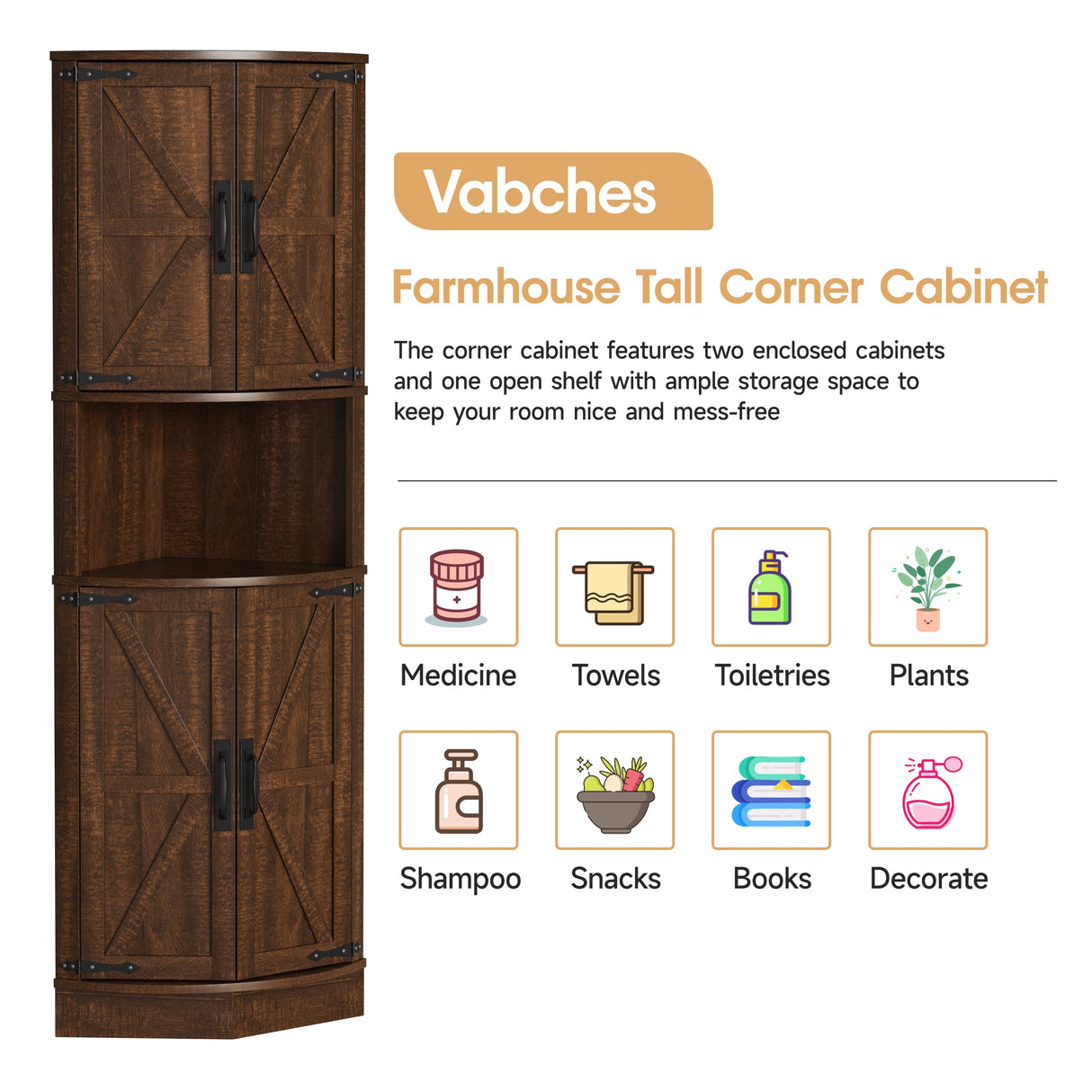 Vabches 64.8" Tall Farmhouse Corner Cabinet with 4 Doors and 5 Storage Shelves, Farmhouse Storage Cabinet with Barn Door Design, Home Space Saver for Living Room, Kitchen, Laundry Room,Brown Vabches
