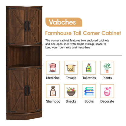 Vabches 64.8" Tall Farmhouse Corner Cabinet with 4 Doors and 5 Storage Shelves, Farmhouse Storage Cabinet with Barn Door Design, Home Space Saver for Living Room, Kitchen, Laundry Room,Brown - WoodArtSupply