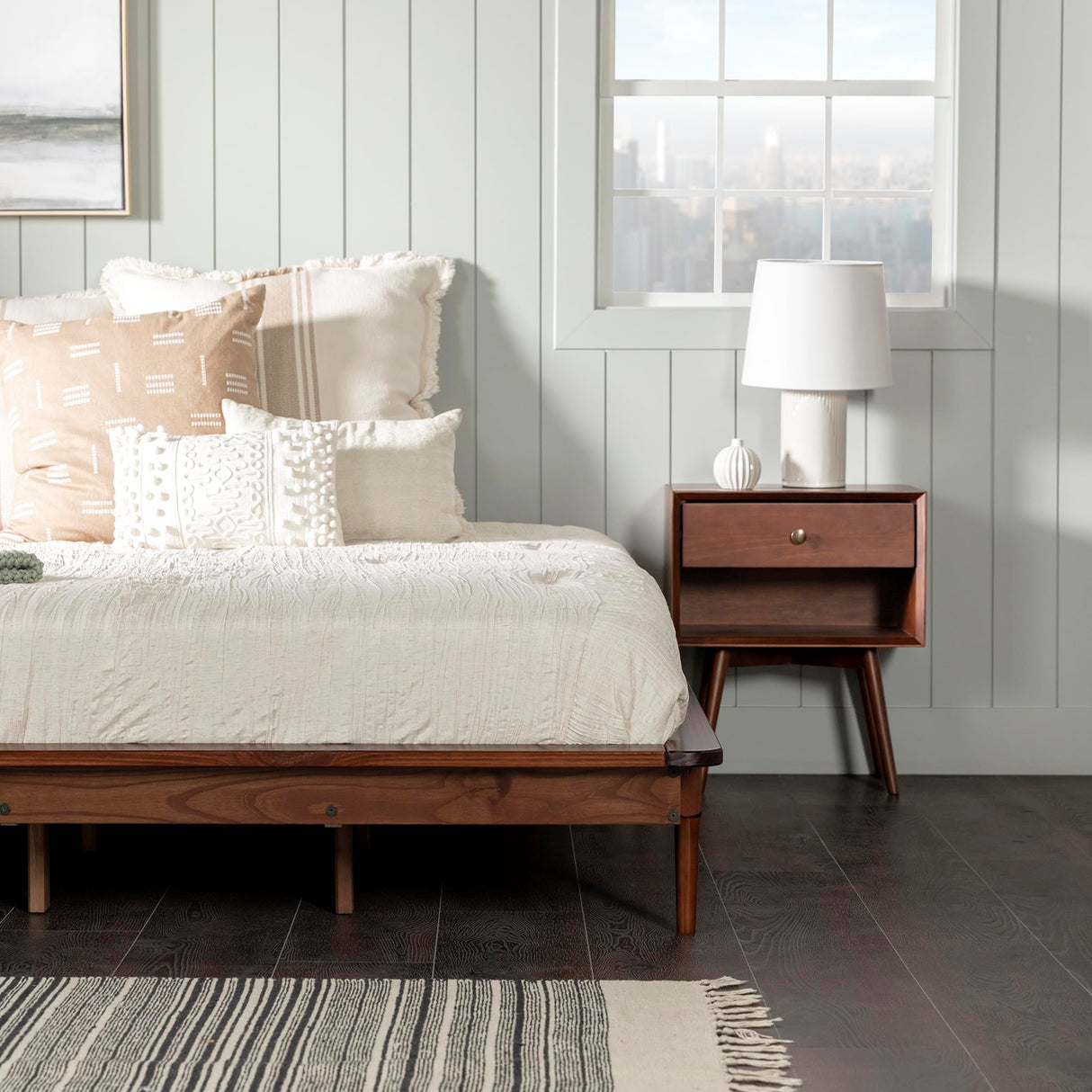Walker Edison Mid Century Modern Solid Wood King Platform Bed with Headboard and Footboard - Walnut Finish Walker Edison