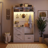 Maupvit Entryway Hall Tree with Bench and Shoe Storage, 5-in-1 Narrow Hall Tree with LED Light, Cushioned Stool & 9 Hooks, 2 Flip Drawers, 78" Coat Shoe Rack for Mudroom, Hallway, Living Room, White Maupvit