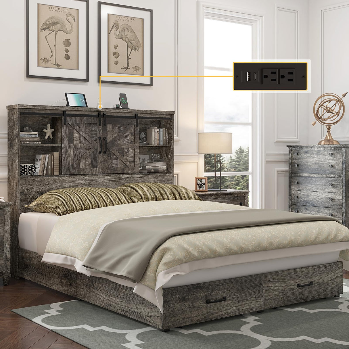 HOWE Queen Size Wood Platform Bed Frame with 51.2" Bookcase Headboard, Storage Bed with Sliding Barn Door Charging Station 2 Drawers, No Box Spring Needed/Noise Free/Farmhouse/Rustic Grey HOWE