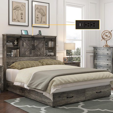 HOWE Queen Size Wood Platform Bed Frame with 51.2" Bookcase Headboard, Storage Bed with Sliding Barn Door Charging Station 2 Drawers, No Box Spring Needed/Noise Free/Farmhouse/Rustic Grey HOWE