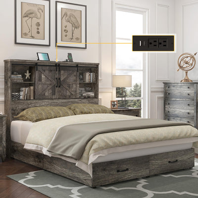 HOWE Queen Size Wood Platform Bed Frame with 51.2" Bookcase Headboard, Storage Bed with Sliding Barn Door Charging Station 2 Drawers, No Box Spring Needed/Noise Free/Farmhouse/Rustic Grey