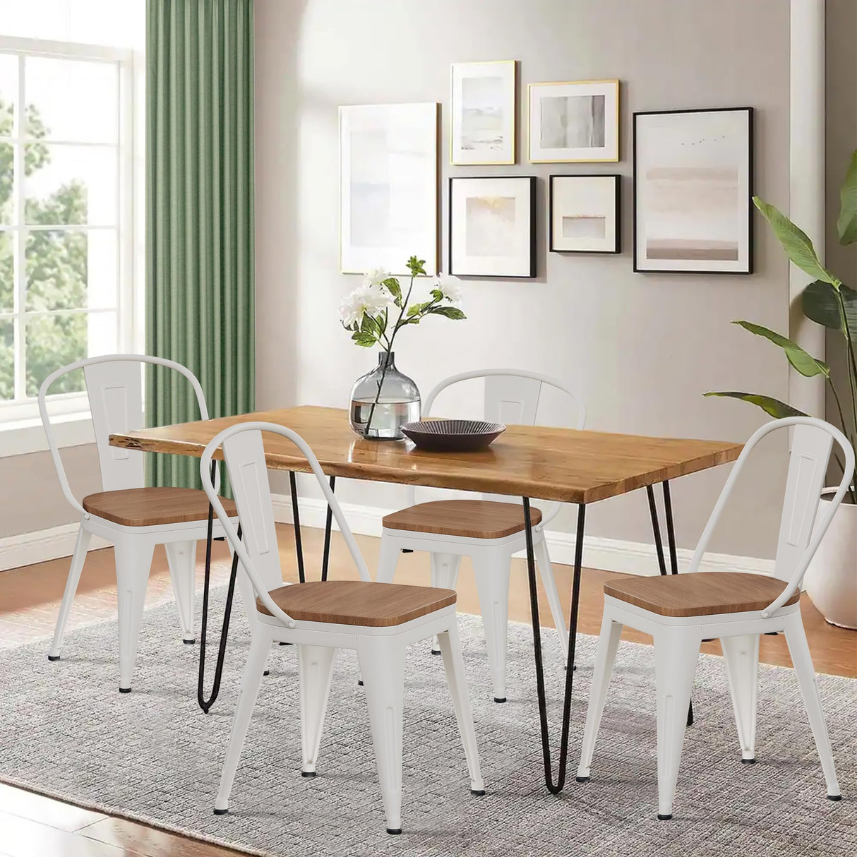 Alunaune 18inch Metal Dining Chair Set of 4 High Back Classic Chic Iron Farmhouse Chairs Industrial Stackable Coffee Stools Bistro Cafe Side Barstools Wood Seat-White Alunaune