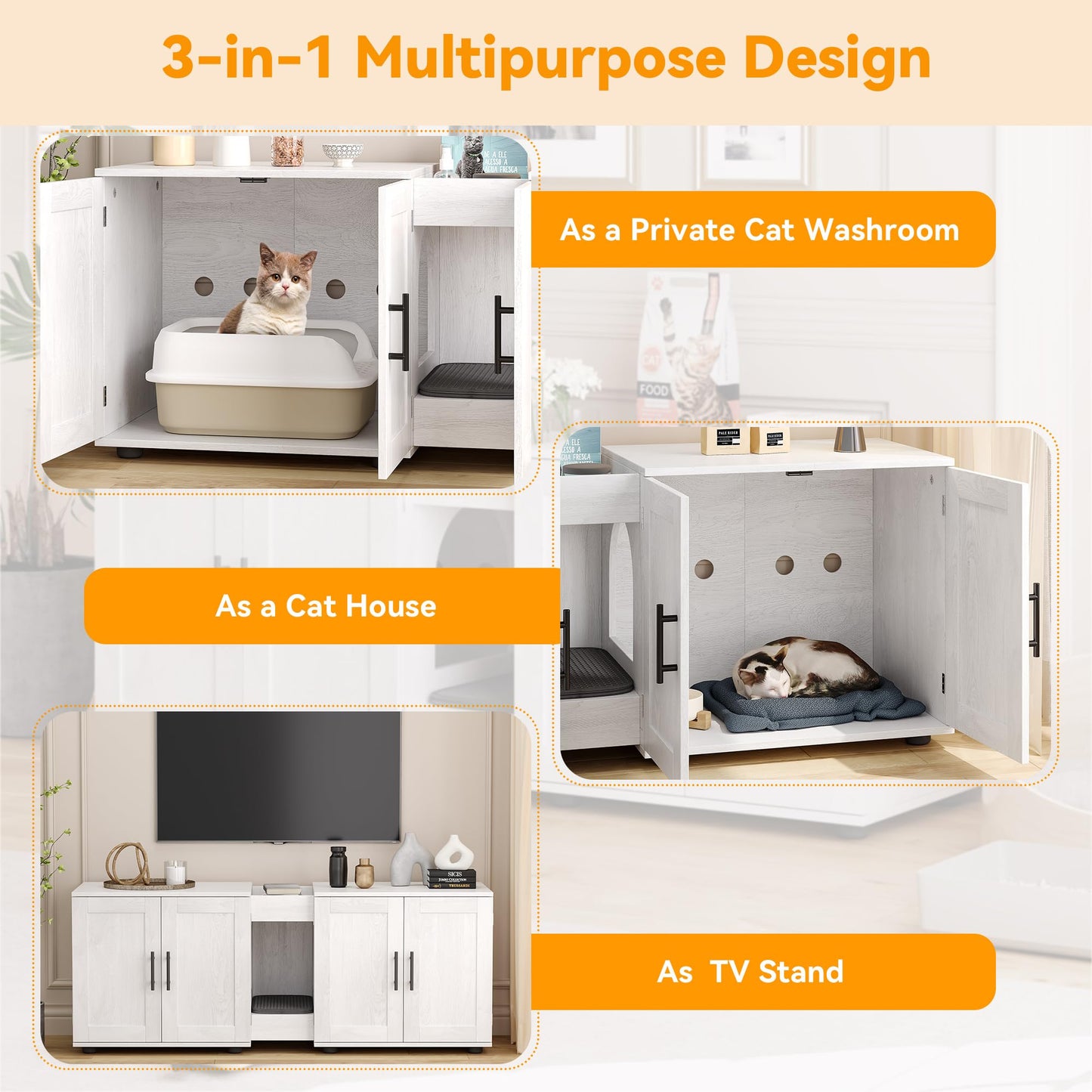 Gaomon Litter Box Enclosure with Double Cage, Cat House,Hidden Litter Box Enclosure Furniture for 2 Cats, Wooden Enclosed Cat Litter Box Furniture,55”L x 17.7”W x 22.5”H,White - WoodArtSupply