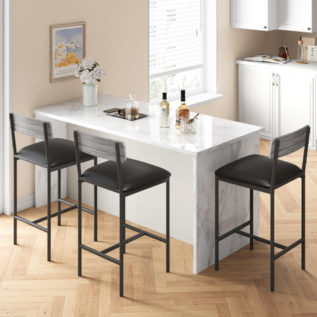 Amyove Bar Stools Set of 2, Upholstered Bar Chairs with Back, 25.5 Inches Kitchen Bar Stools with Footrest, Thick Cushion, Counter Height Barstools for Island, Counter Bar, Easy Assembly, Rustic Grey Amyove