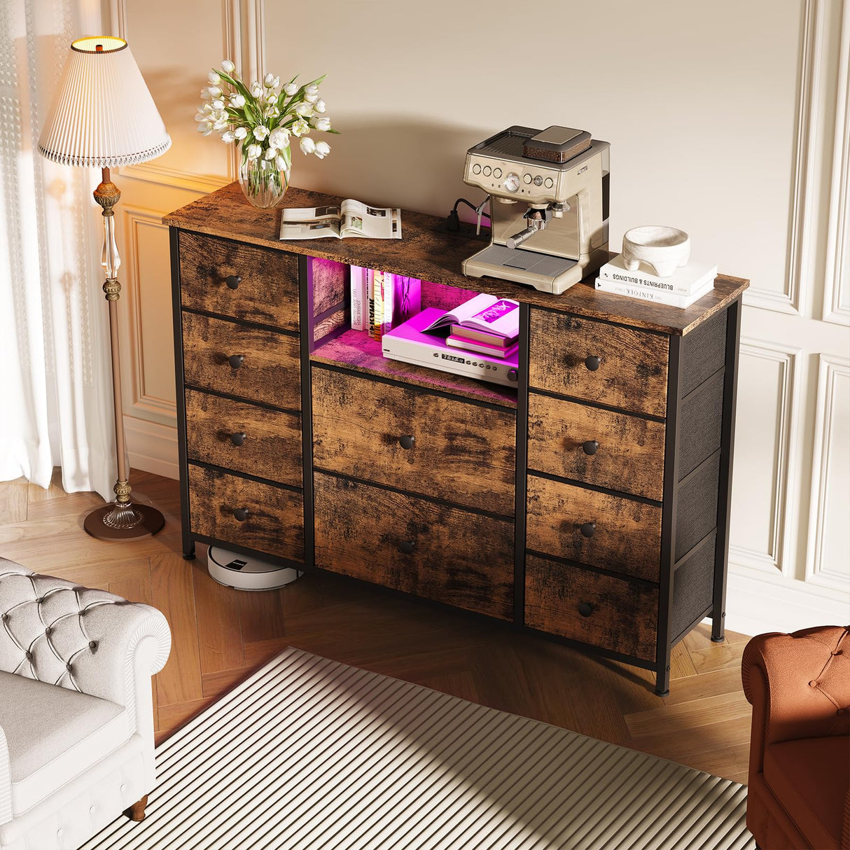 Dresser for Bedroom with 10 Drawers, Storage Organizer TV Stand for 55" TV with LED Lights and Sockets, Fabric Chest of Drawers with PU Finish for Kid Room, Entryway, Living Room, Hallway, Brown LIWEIJIA