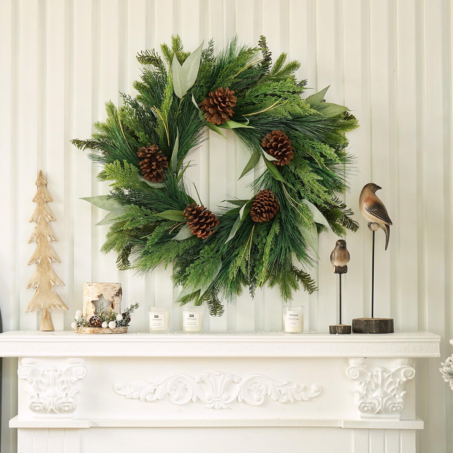 Winter Wreaths for Front Door, Soomeir Evergreen Christmas Wreath with Pine Cones Needles and Leaves, Year Round Decorations for Wall Windows Mantle Indoor Outdoor