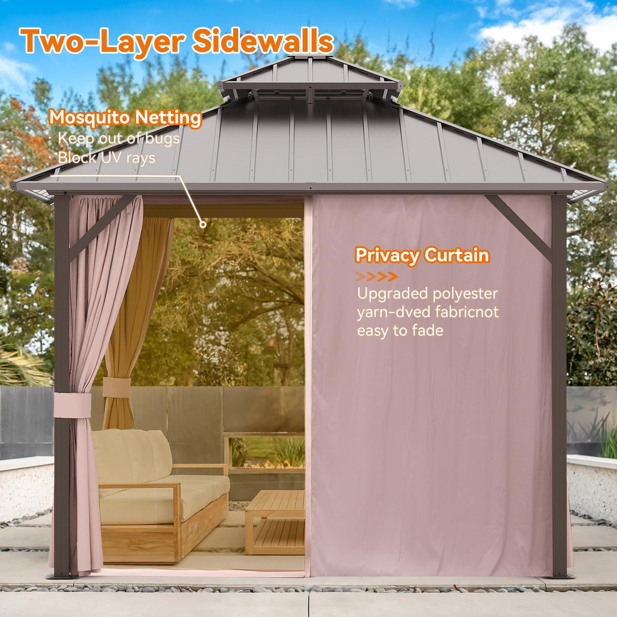 Gardenbee 12x18 ft Gazebo Double Roof Canopy with Netting and Curtains, Outdoor Gazebo 2-Tier Hardtop Galvanized Aluminum Frame Garden Tent for Patio, Backyard, Deck and Lawns Gardenbee