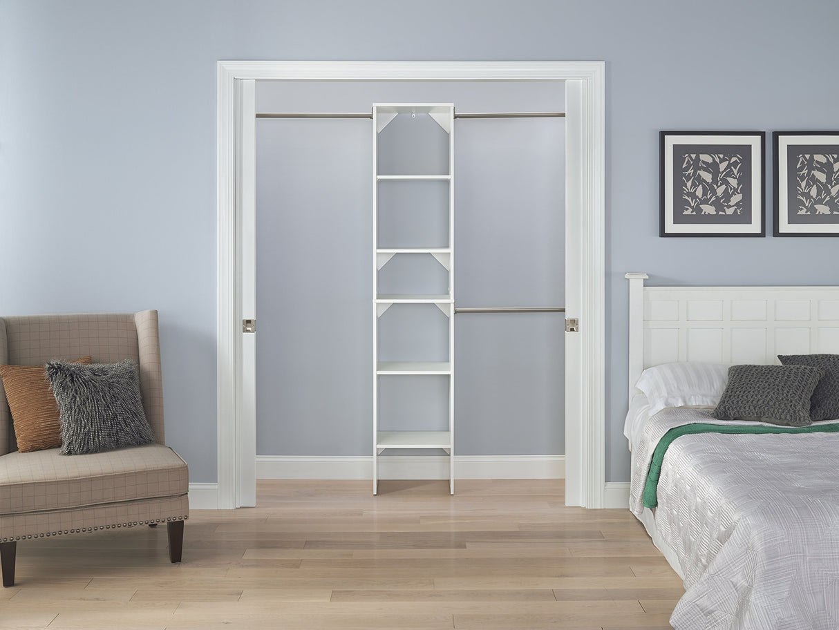ClosetMaid SuiteSymphony Wood Closet Organizer Starter Kit with Tower and 3 Hang Rods, Shelves, Adjustable, Fits Spaces 4 – 9 ft. Wide, Engineered Wood, Pure White, 16" ClosetMaid