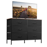 WLIVE Wide Dresser with 6 Drawers, TV Stand for 50" TV, Entertainment Center with Metal Frame, Wooden Top, Fabric Storage Dresser for Bedroom, Hallway, Entryway, Black and Rustic Brown WLIVE