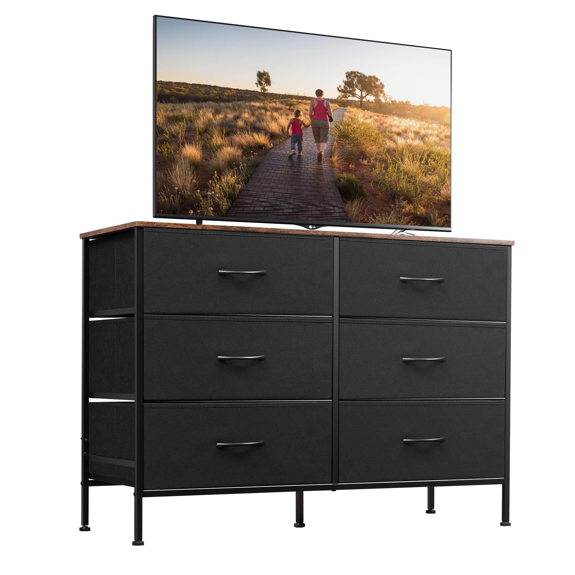 WLIVE Wide Dresser with 6 Drawers, TV Stand for 50" TV, Entertainment Center with Metal Frame, Wooden Top, Fabric Storage Dresser for Bedroom, Hallway, Entryway, Black and Rustic Brown - WoodArtSupply