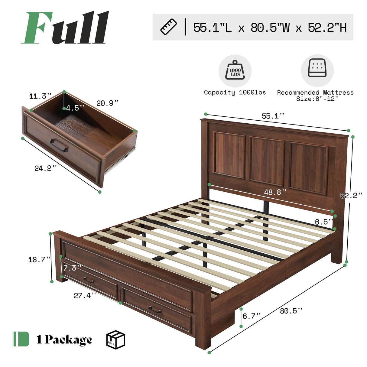 AMERLIFE Farmhouse Full Size Bed Frame with 52.2" Tall Headboard & Footboard, Wood Platform Bed Frame with 2 Large Storage Drawers, Noiseless, No Box Spring Needed, Rustic Brown AMERLIFE