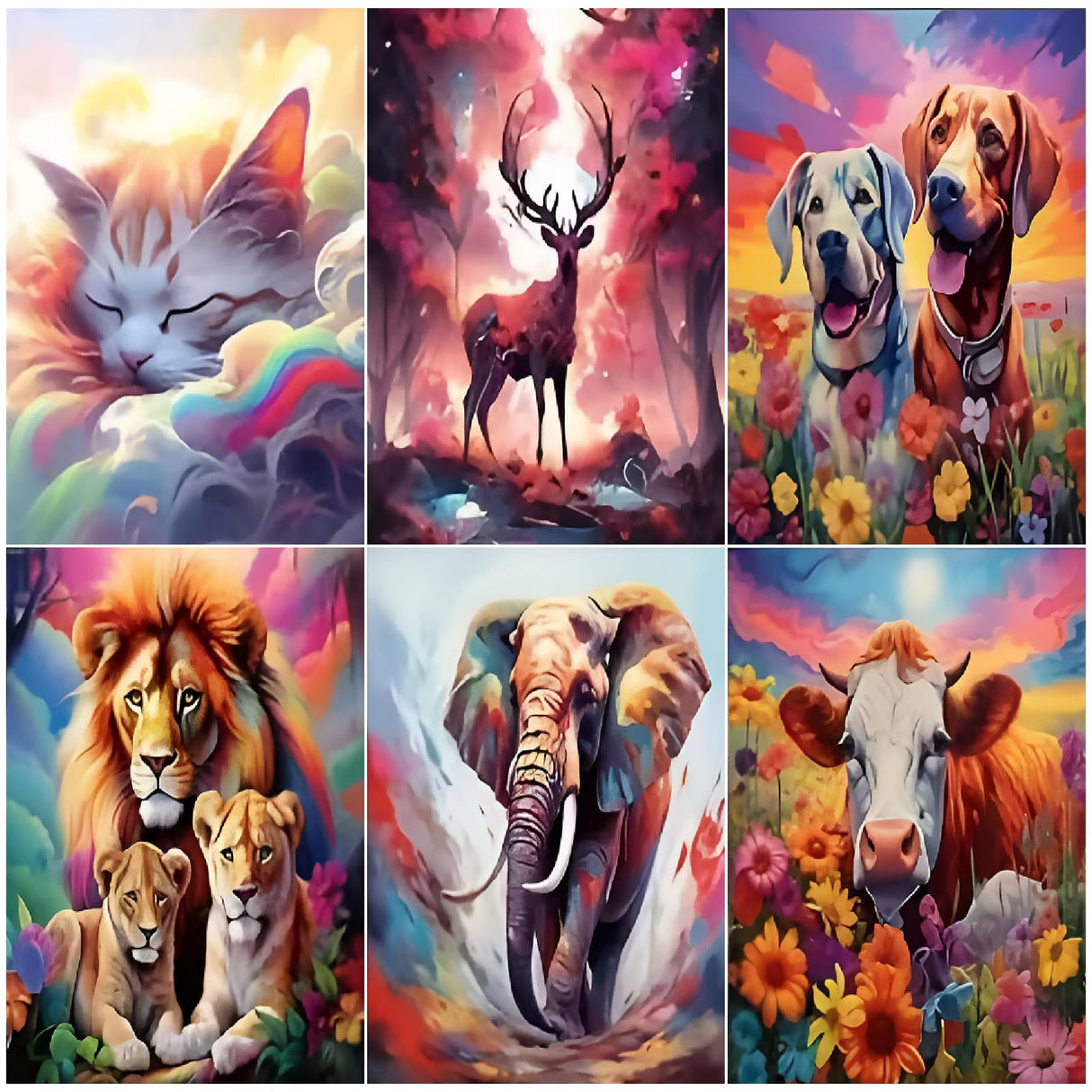 Mowana Diamond Art Kits for Adults - 6 Pack Animals Cat Dog Lion Elephant Deer Cow Diamond Painting Kits for Beginners, 5D DIY Full Drill Gem Art Painting for Home Wall Decor and Gifts 12x16inch Mowana