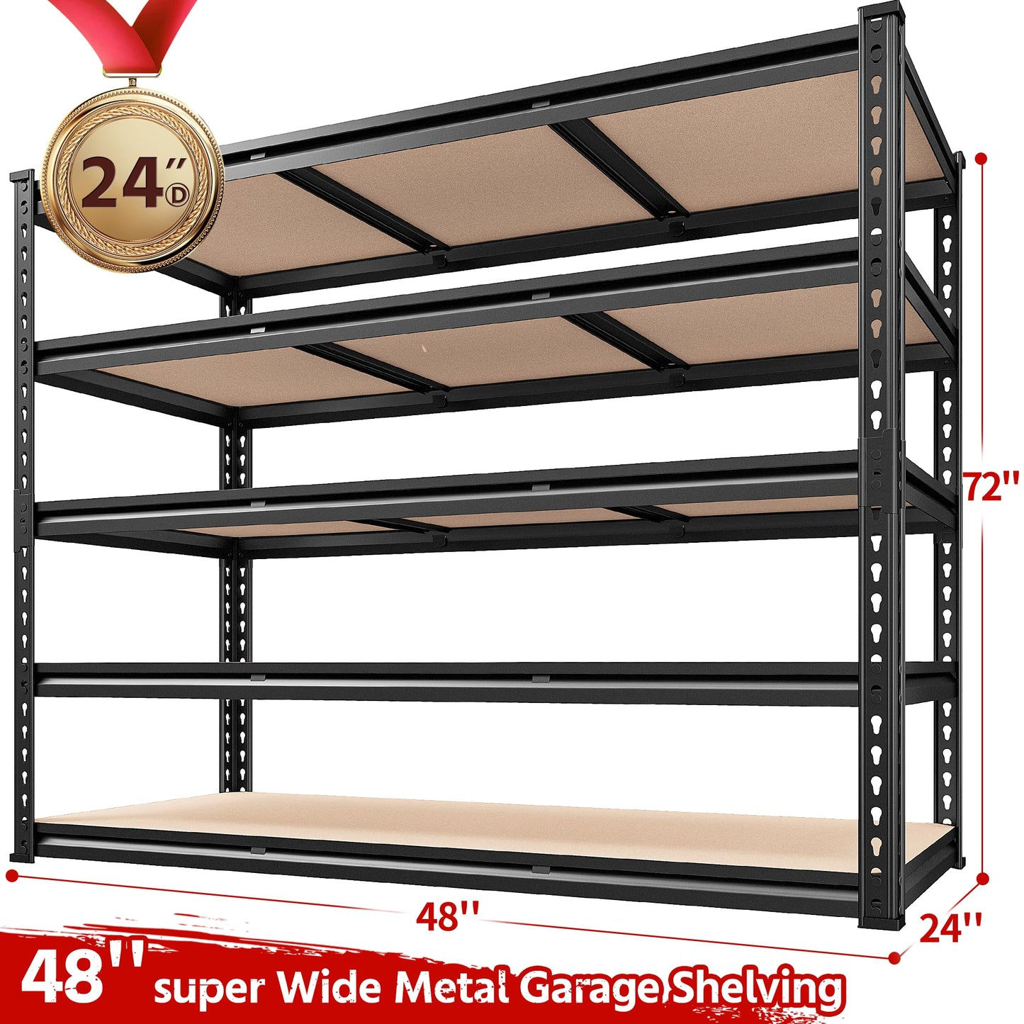 REIBII 48.2''W Garage Shelving Heavy Duty Storage Shelves 3000LBS Heavy Duty Shelving 72''H Adjustable Metal Shelves for Garage Storage Rack Industrial Shelf Utility Rack, 48.2''W X72''H X 24''D