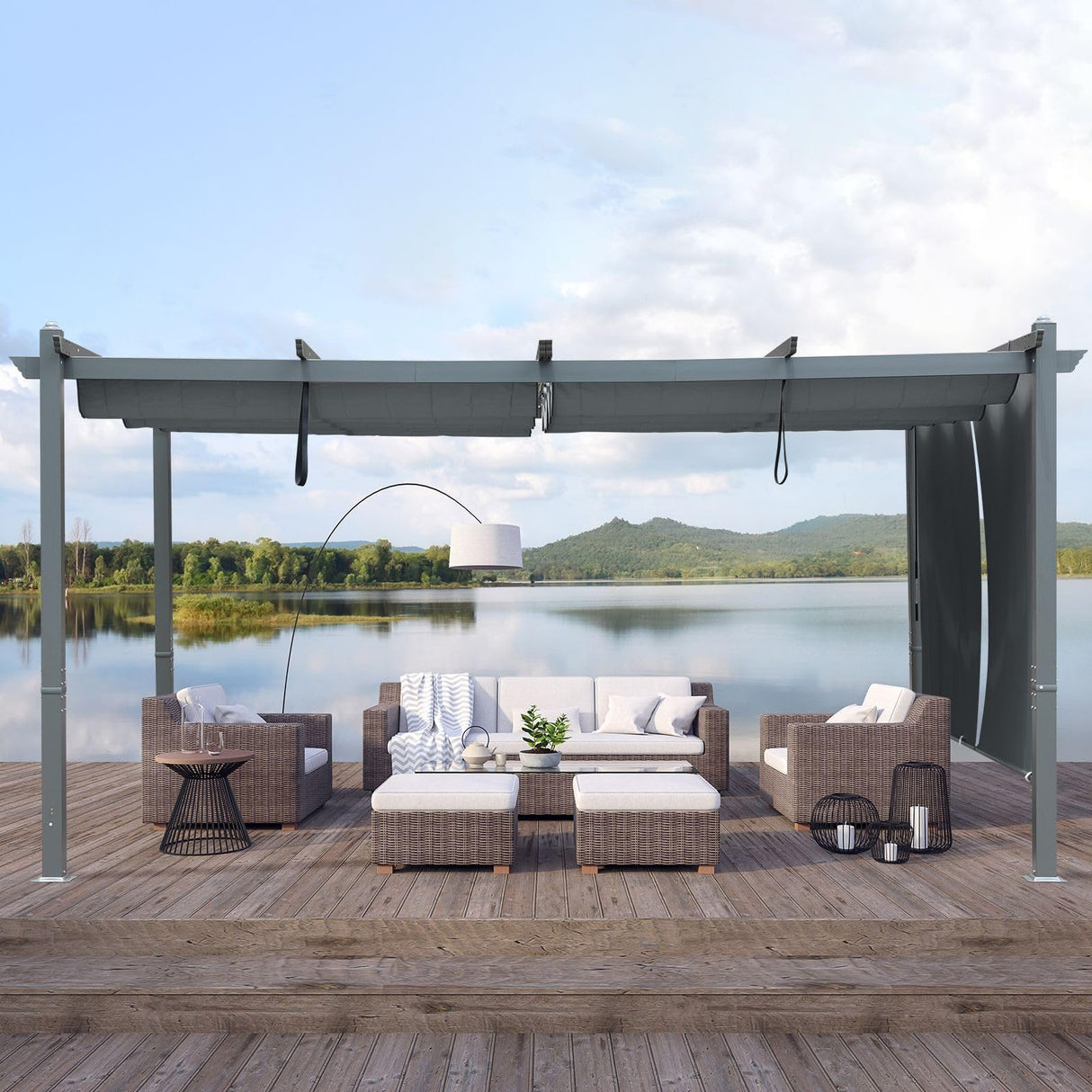 Aoodor 12 x 14 FT Outdoor Pergola with Retractable Shade Canopy, Dark Gray Matte Aluminum Frame, 2 Pieces Roller Shade Curtain, Grape Trellis Pergola for Patio Backyard and Deck - Gray Aoodor