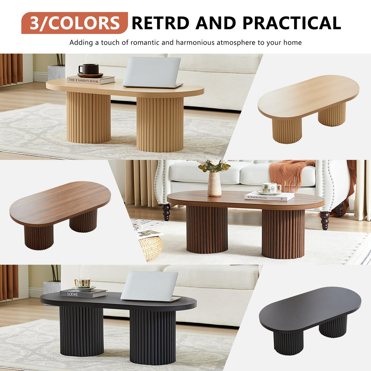 AVZEAR Oval Fluted Coffee Table for Living Room, Mid Century Modern Coffee Table with Fluted Legs, Curved Round Wooden Center Table for Home, Office, Cafe, Vintage Walnut (39.38" x 19.69" x 13.78") AVZEAR