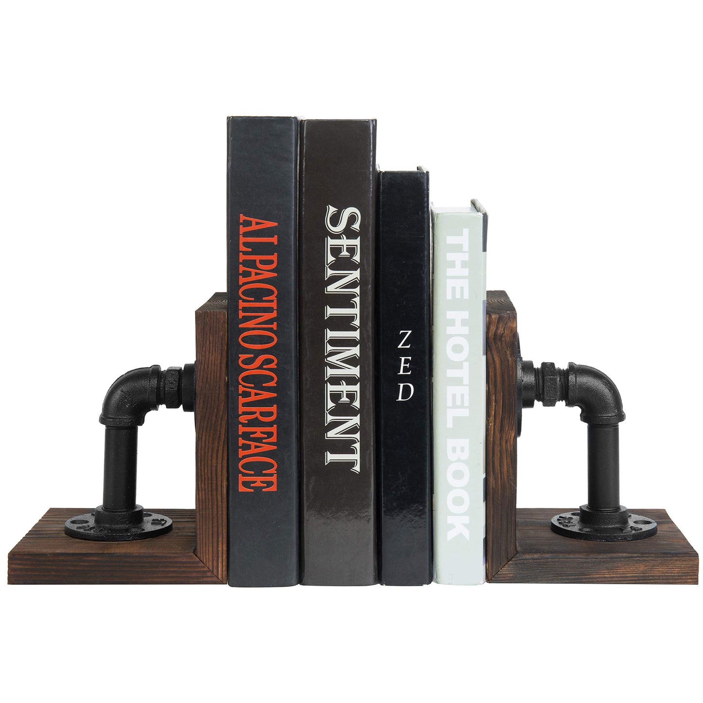 MyGift Dark Brown Industrial Pipe & Rustic Wood Bookends, Set of 2