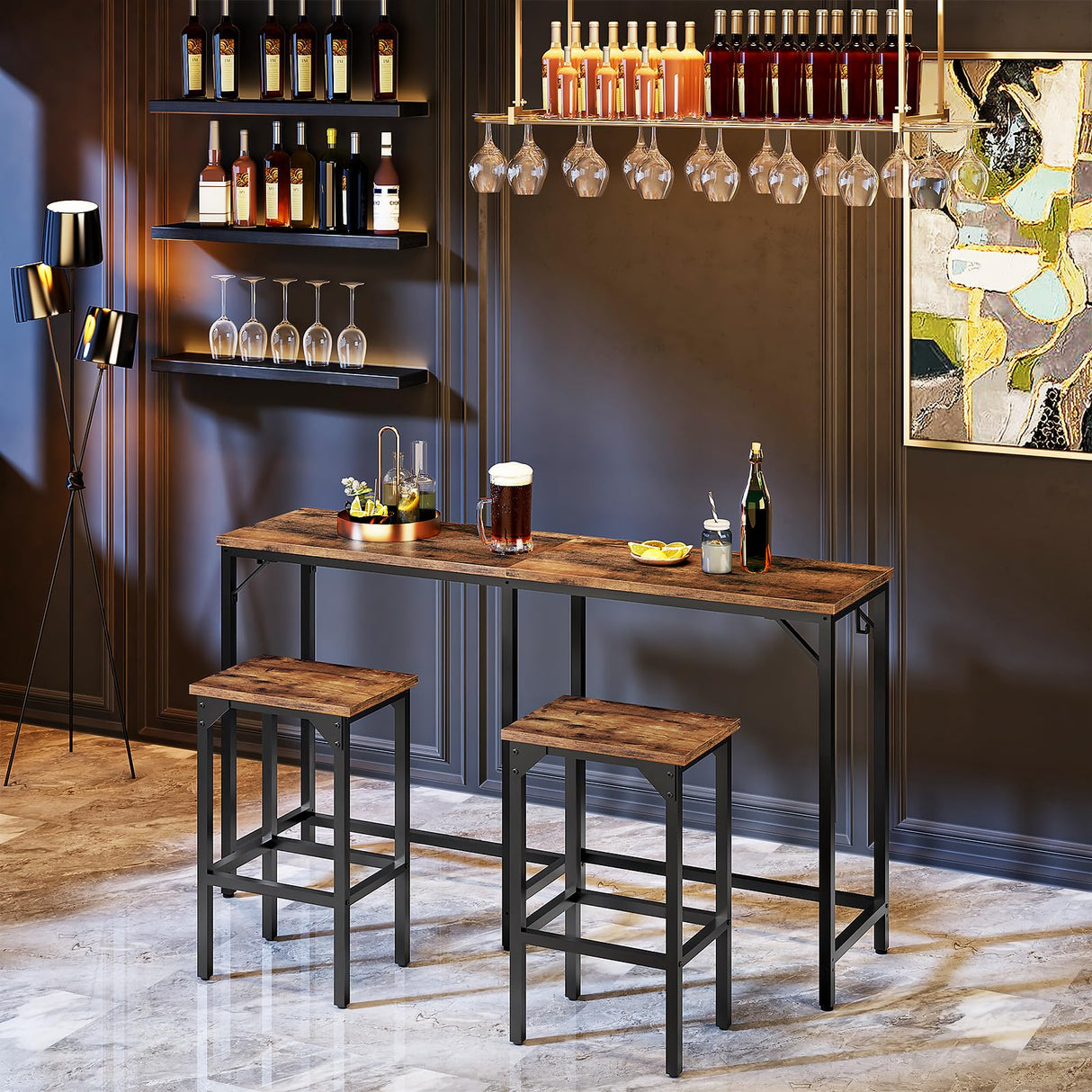 HOOBRO 63" Long Narrow Bar Table, Rectangular or L-Shaped Assembly Counter Height Bar Table, Vintage Industrial Style, for Living Room, Kitchen, Dining Room, Rustic Brown and Black BF69BT01 HOOBRO