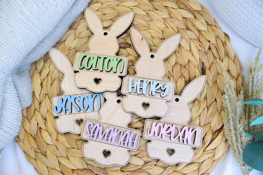 3D Personalized Engraved Bunny-Shaped Wooden Placecard Name Tag For Kids, Easter Bunny Rabbit Basket Tag Gift, 30 Color Options - WoodArtSupply