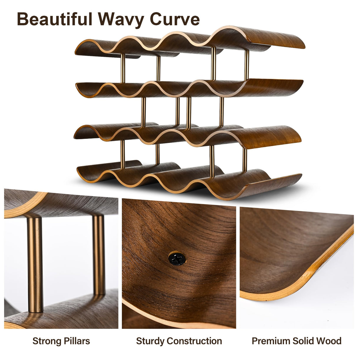 TRUDING Countertop Wine Rack - 14 Bottle Freestanding Wine Bottle Holder Stand - 4 Tier Wooden Wine Storage Rack - Wavy Wine Organizer for Cabinet Pantry Home Kitchen Bar (Walnut) TRUDING