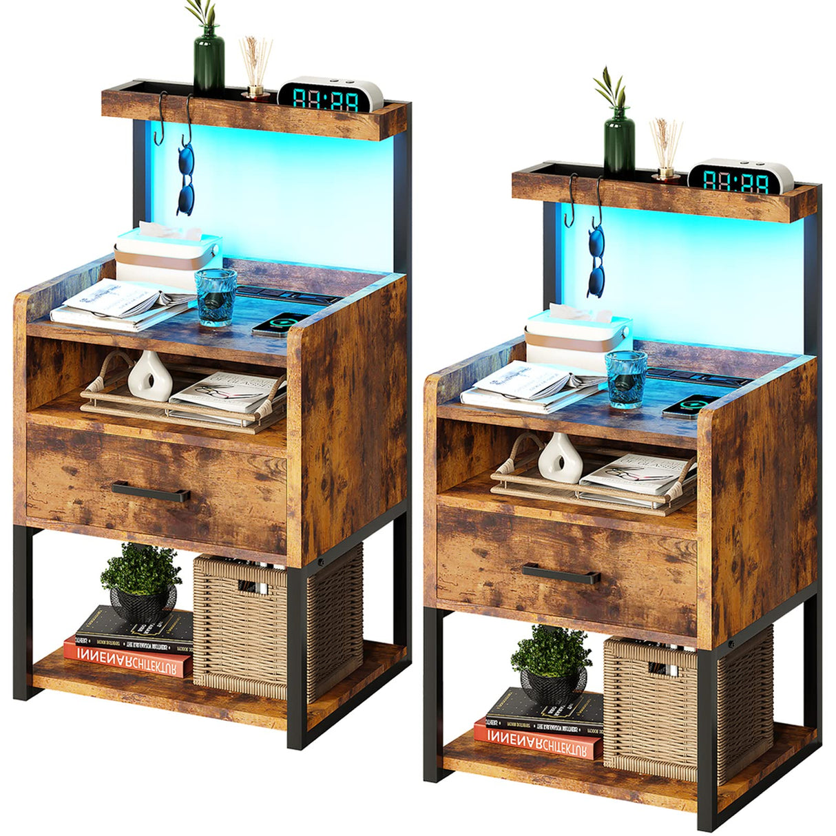 AOGLLATI Nightstand Set of 2 with Charging Station, Rustic Brown Night Stands for Bedroom Set of 2, Bedside Table with Storage Drawer and LED Light, AOGLLATI