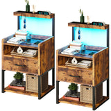 AOGLLATI Nightstand Set of 2 with Charging Station, Rustic Brown Night Stands for Bedroom Set of 2, Bedside Table with Storage Drawer and LED Light, AOGLLATI