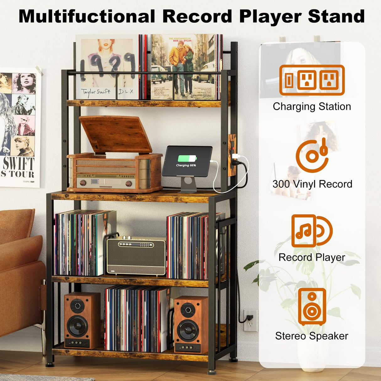EasyCom Record Player Stand with Vinyl Storage, Turntable Stand Holds Up to 300 Albums, Large Record Player Table with Charge Station, Vinyl Record Stand for Living Room Bedroom EasyCom